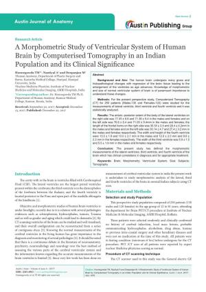 A Morphometric Study of Ventricular System of Human Brain by Computerised Tomography in an Indian Population and Its Clinical Significance