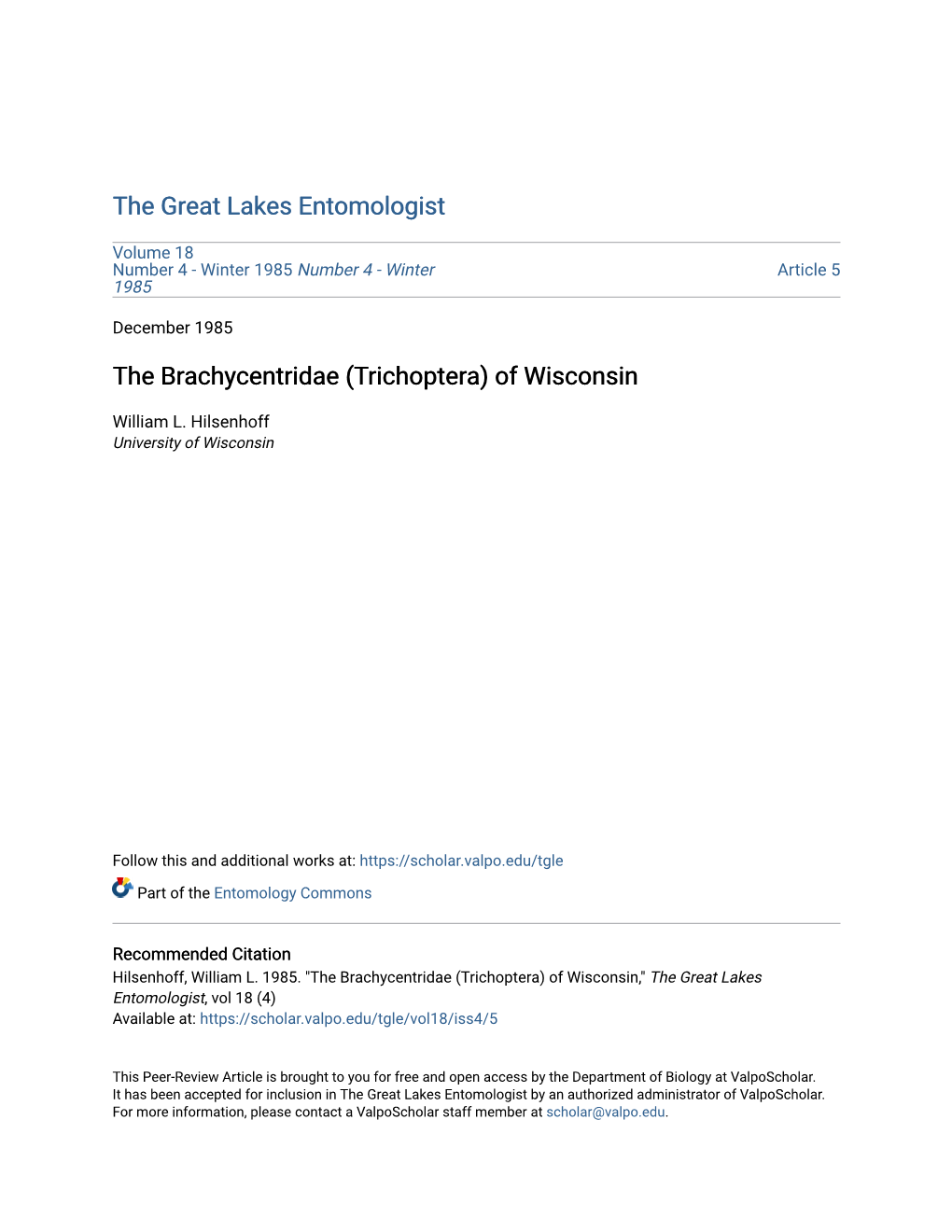 The Brachycentridae (Trichoptera) of Wisconsin