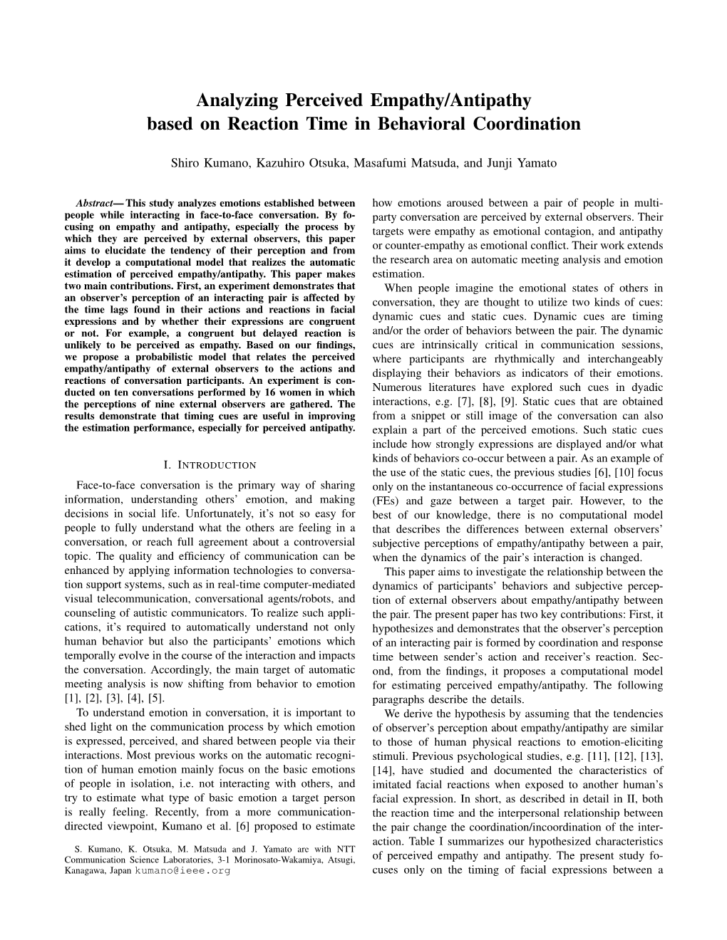 Analyzing Perceived Empathy/Antipathy Based on Reaction Time in Behavioral Coordination