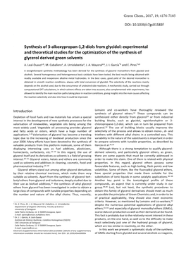 Synthesis of 3-Alkoxypropan-1,2-Diols from Glycidol: Experimental and Theoretical Studies for the Optimization of the Synthesis of Glycerol Derived Green Solvents