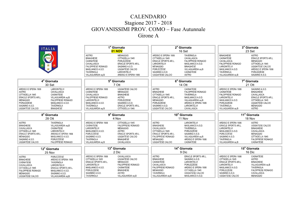 CALENDARIO Stagione 2017 - 2018 GIOVANISSIMI PROV