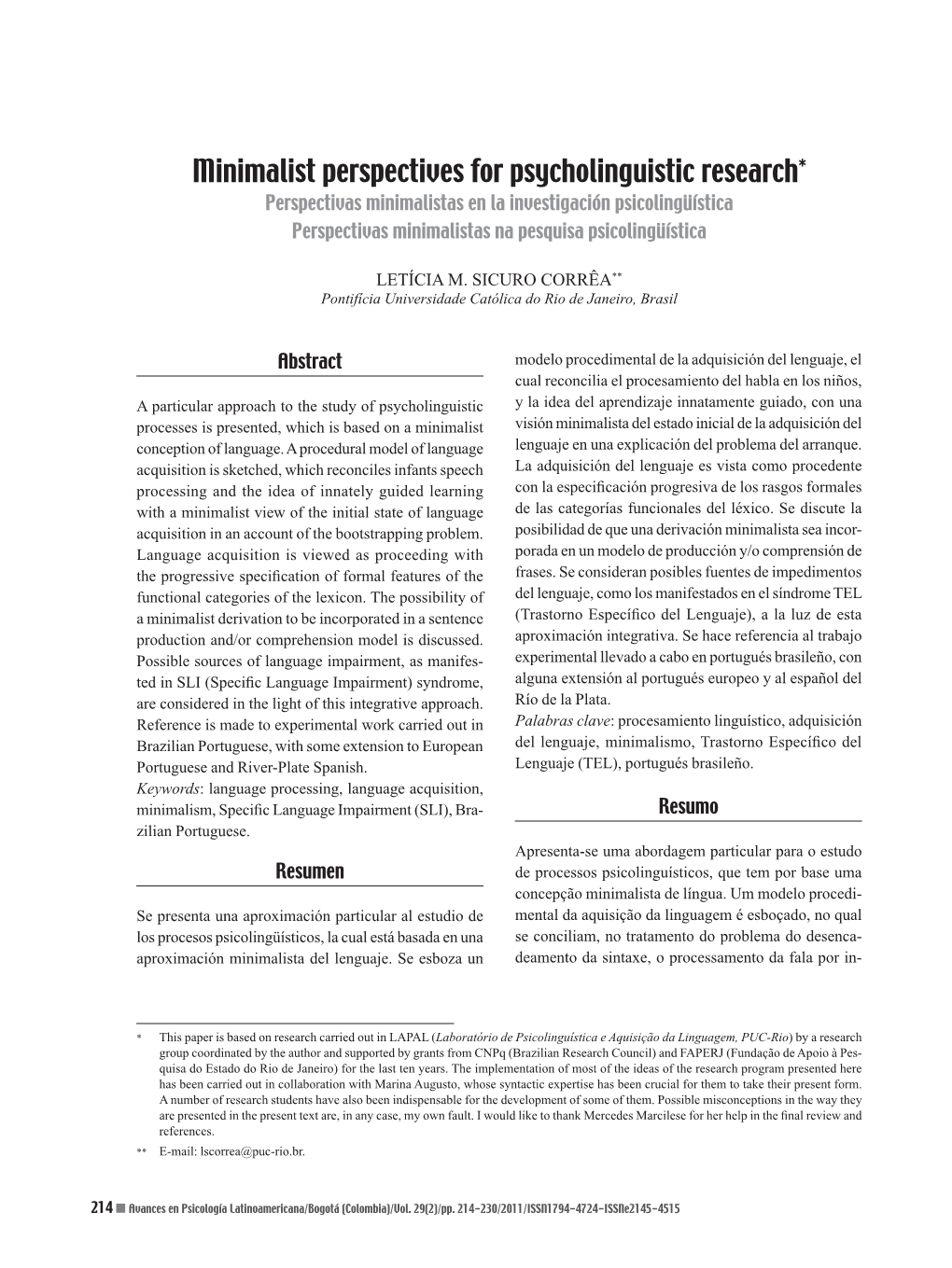 Minimalist Perspectives for Psycholinguistic