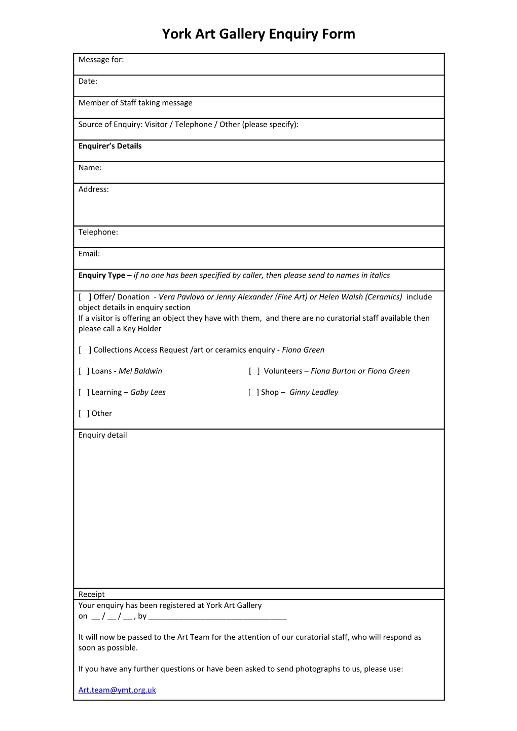 York Castle Museum Enquiry Form