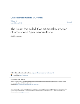 Constitutional Restriction of International Agreements in France Gerald L