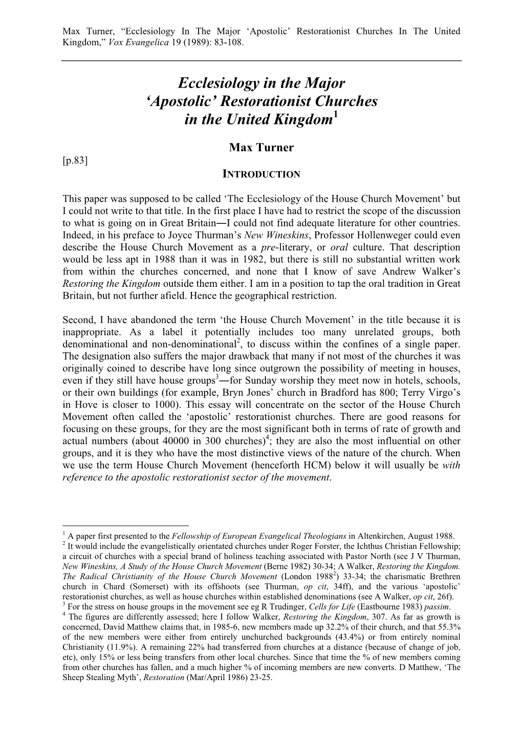 Max Turner, "Ecclesiology in the Major 'Apostolic' Restorationist Churches