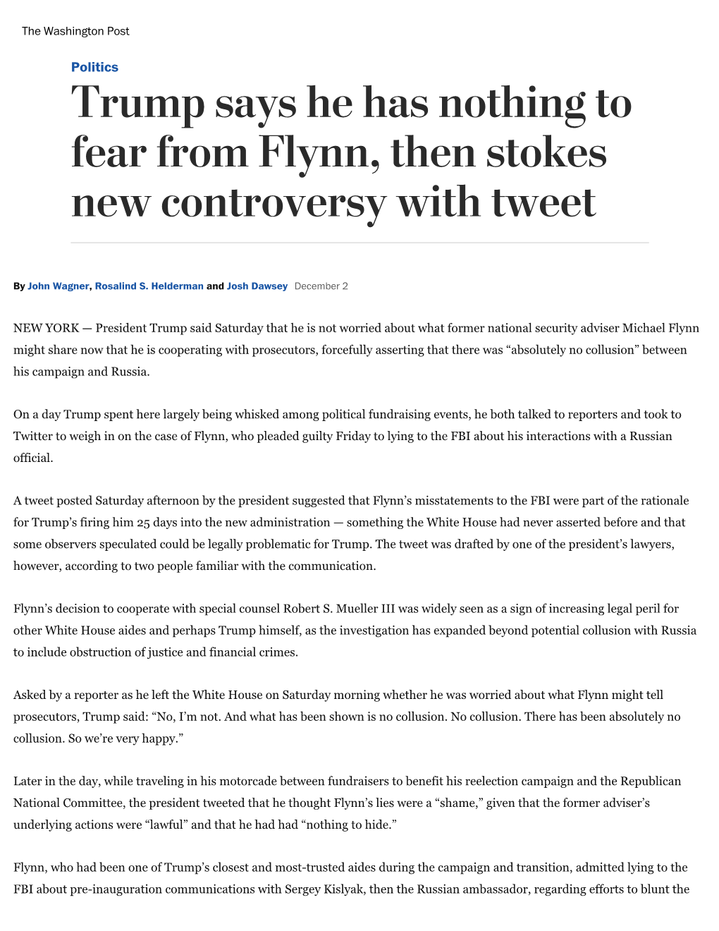 Trump Says He Has Nothing to Fear from Flynn, Then Stokes New Controversy with Tweet