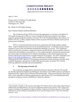 April 11, 2014 Privacy and Civil Liberties Oversight Board 2100 K St