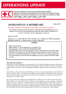 AFGHANISTAN: EARTHQUAKE 10 June 2002 This Ops Update Is Intended for Reporting on Emergency Appeals