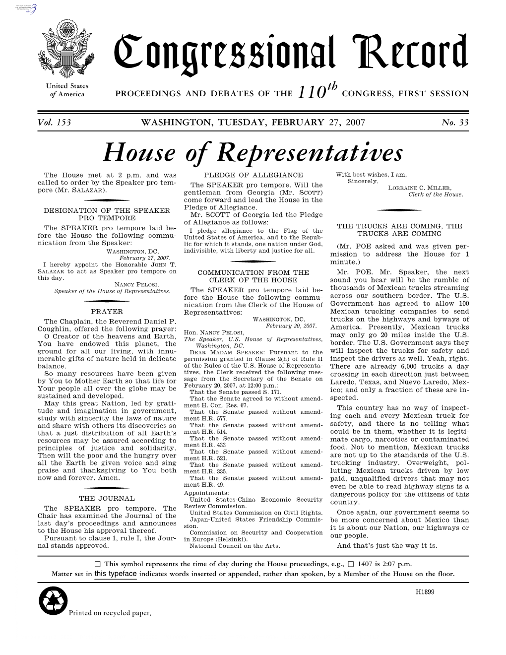 Congressional Record United States Th of America PROCEEDINGS and DEBATES of the 110 CONGRESS, FIRST SESSION