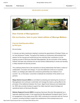 Dear Friends of Maungatautari Kia Ora Koutou, Here Is Your Latest Edition of Maunga Matters