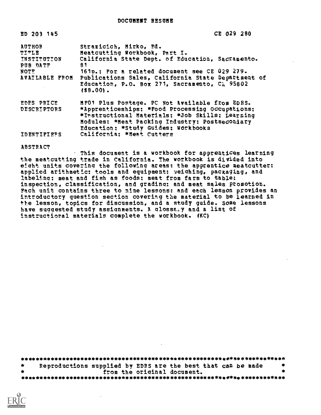 Meatcutting Workbook, Part I. INSTITUTTON California State Dept