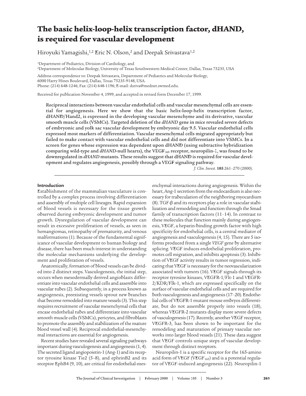 The Basic Helix-Loop-Helix Transcription Factor, Dhand, Is Required for Vascular Development