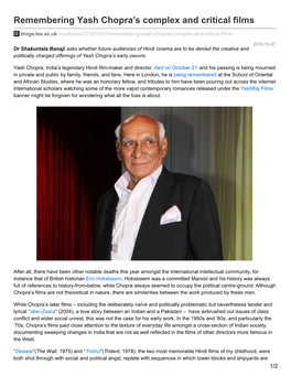 Remembering Yash Chopra's Complex and Critical Films