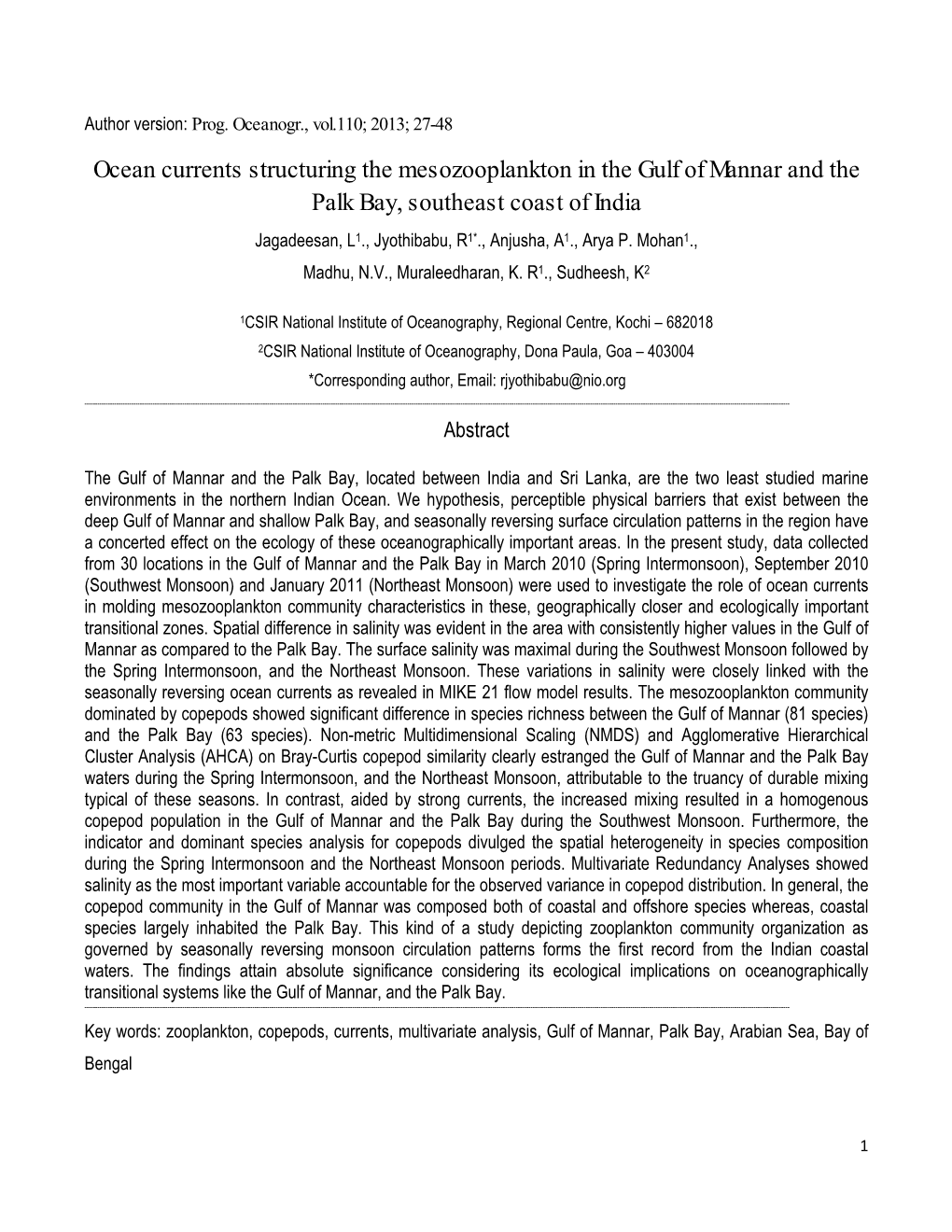 Ocean Currents Structuring the Mesozooplankton in the Gulf Of