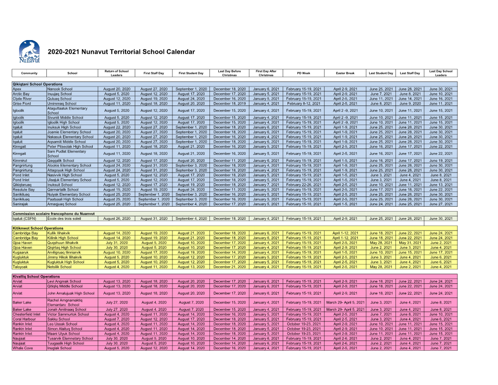 2020-2021 Nunavut Territorial School Calendar