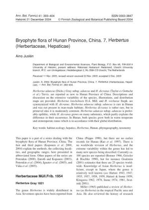 Bryophyte Flora of Hunan Province, China. 7. Herbertus (Herbertaceae