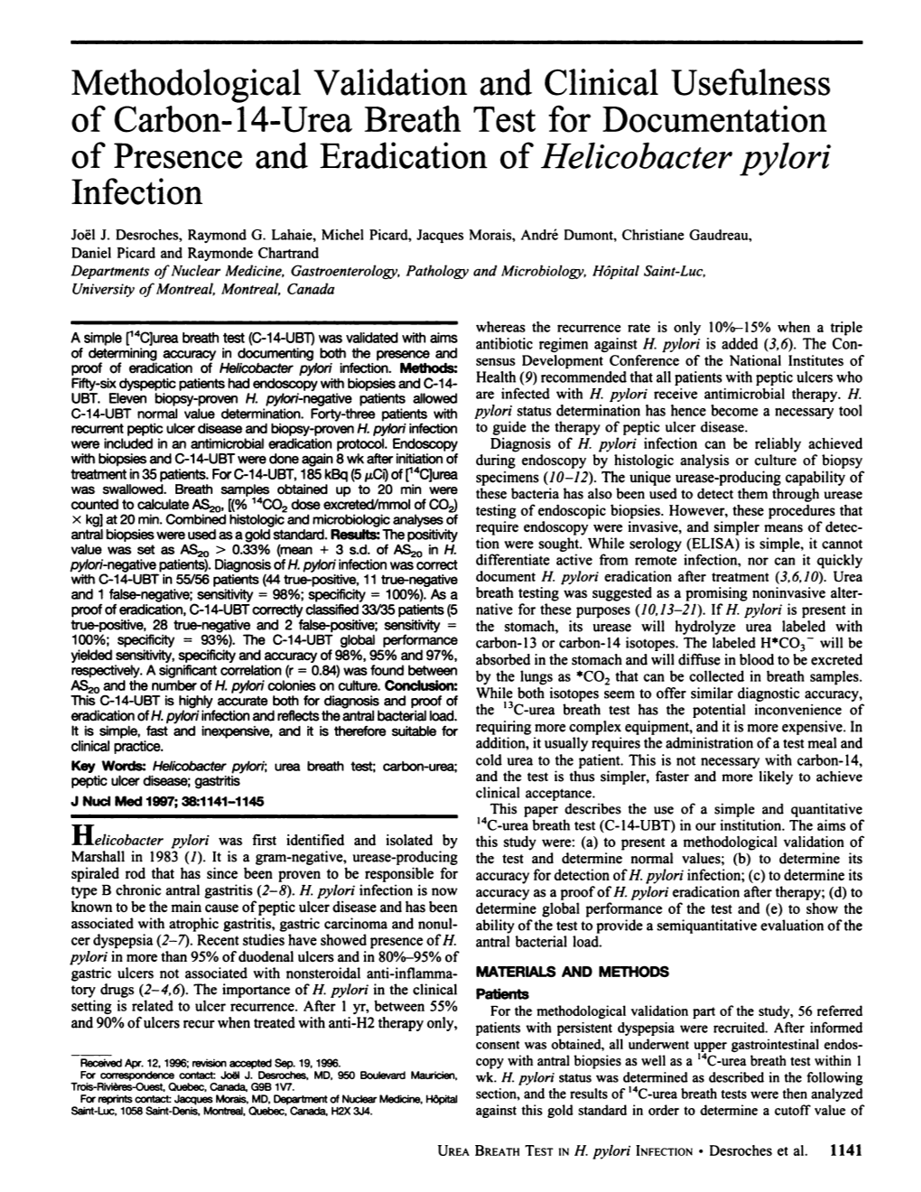 Methodological Validation and Clinical Usefulness of Carbon-14-Urea Breath Test for Documentation of Presence and Eradication of Helicobacter Pylori Infection