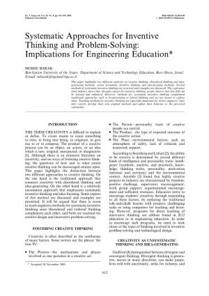 Systematic Approaches for Inventive Thinking and Problem-Solving: Implications for Engineering Education*