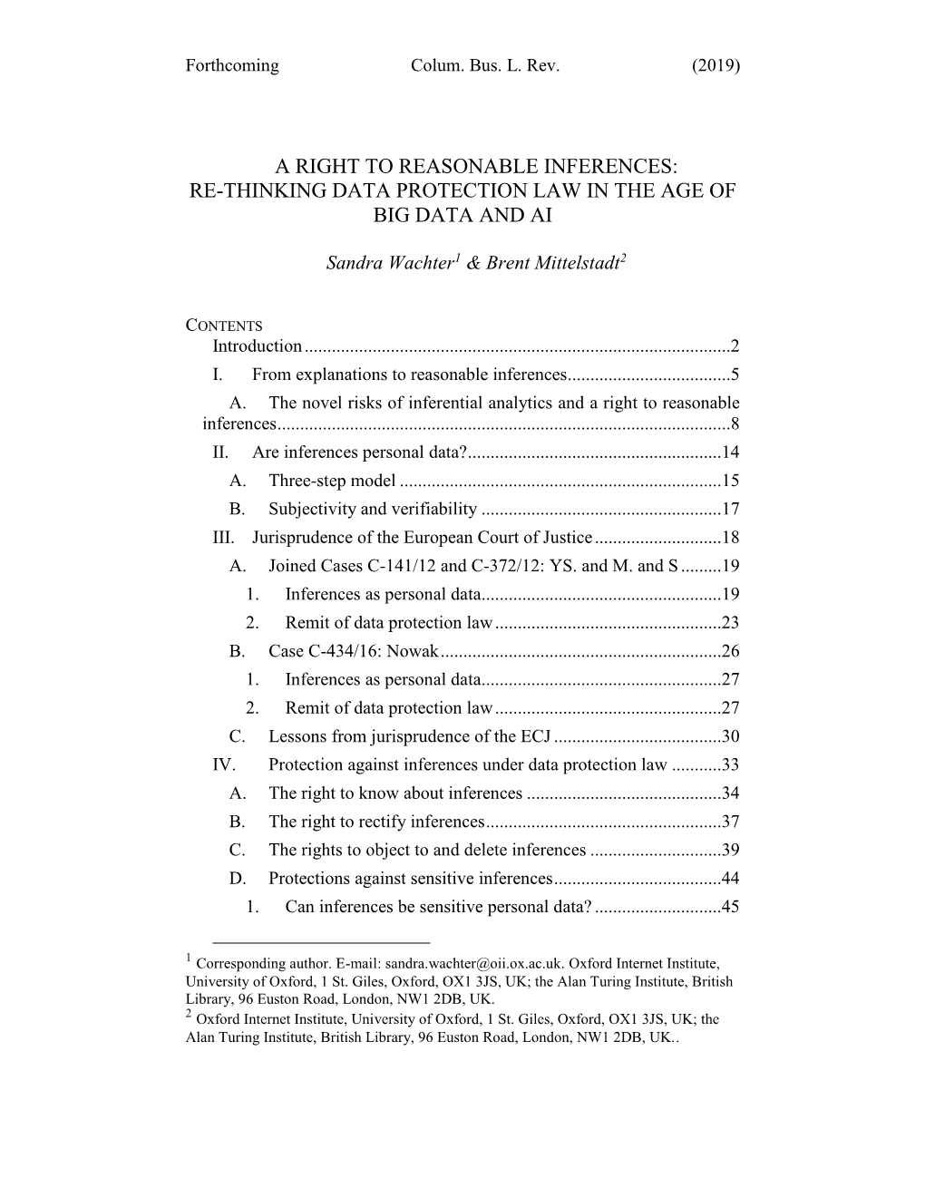 A Right to Reasonable Inferences: Re-Thinking Data Protection Law in the Age of Big Data and Ai