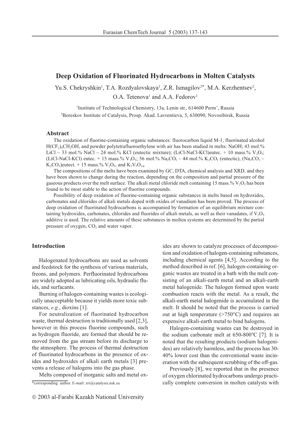 Deep Oxidation of Fluorinated Hydrocarbons in Molten Catalysts Yu.S