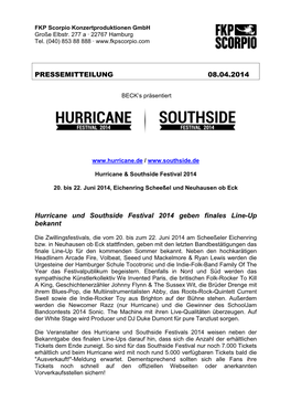 PRESSEMITTEILUNG 08.04.2014 Hurricane Und Southside Festival