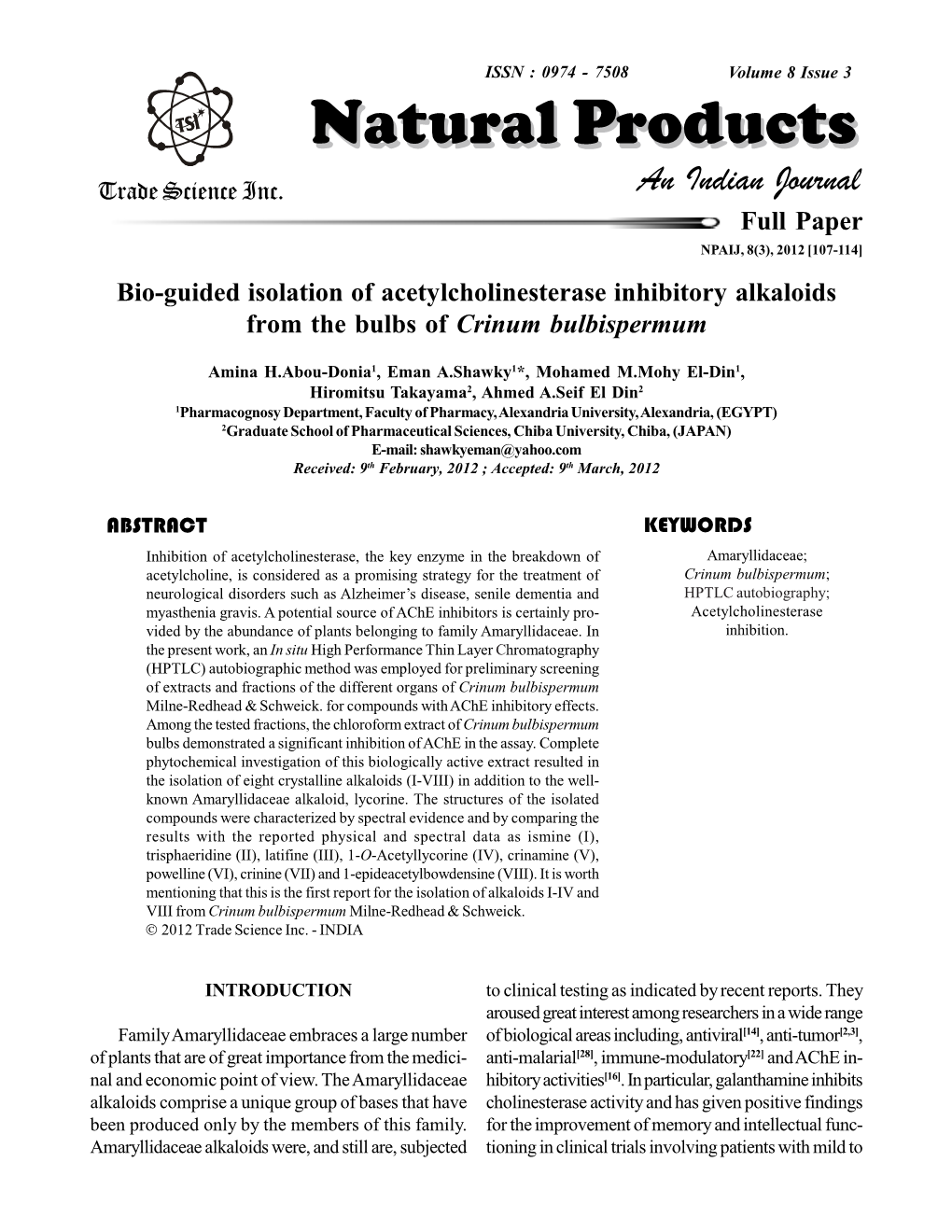 Bio-Guided Isolation of Acetylcholinesterase Inhibitory Alkaloids from the Bulbs of Crinum Bulbispermum