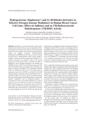 Dydrogesterone (Duphaston®) and Its 20-Dihydro-Derivative As Selective Estrogen Enzyme Modulators in Human Breast Cancer Cell Lines