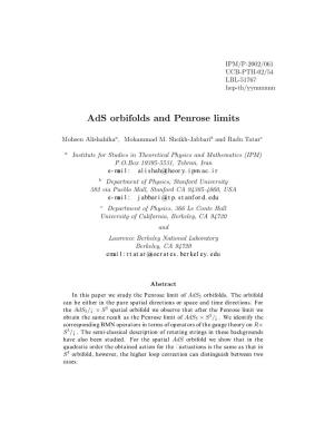 Ads Orbifolds and Penrose Limits