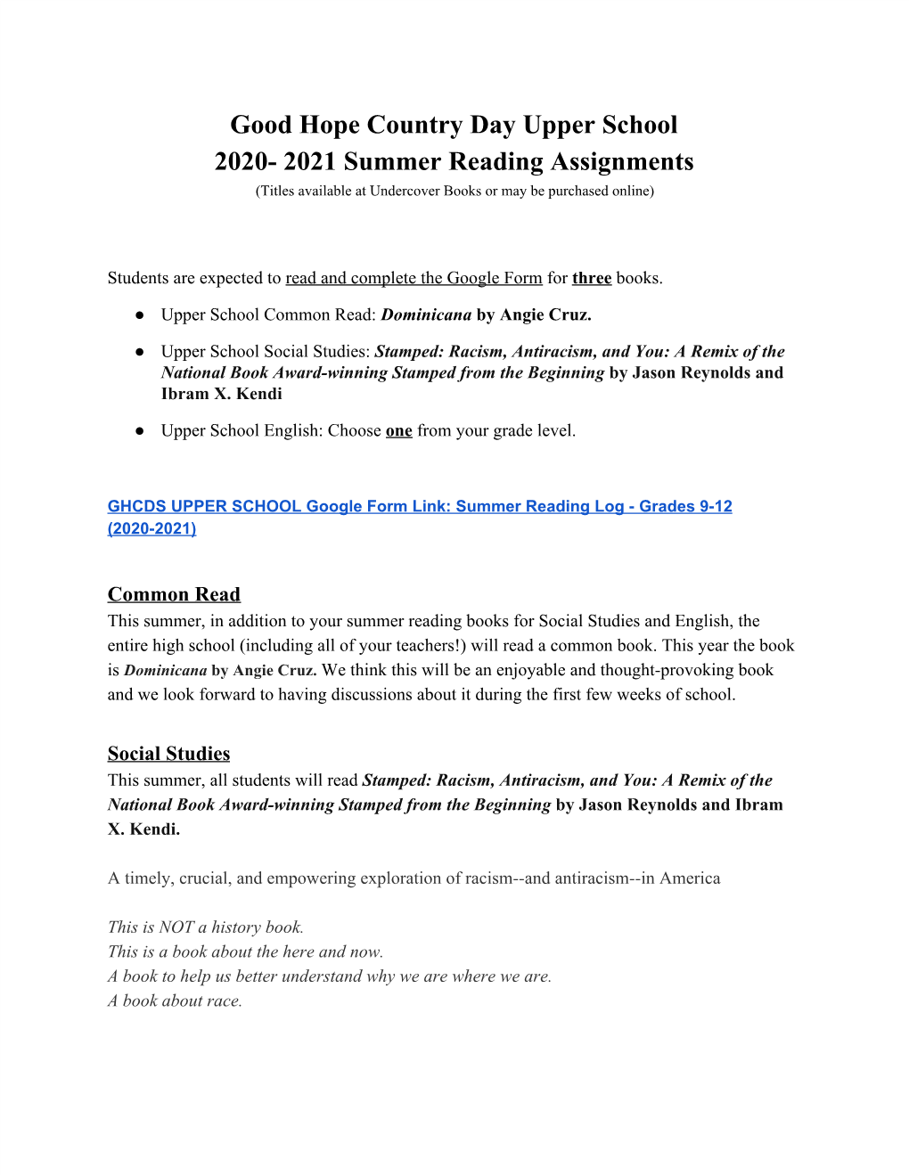 2021 Summer Reading Assignments (Titles Available at Undercover Books Or May Be Purchased Online)