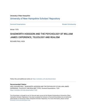 Shadworth Hodgson and the Psychology of William James: Experience, Teleology and Realism