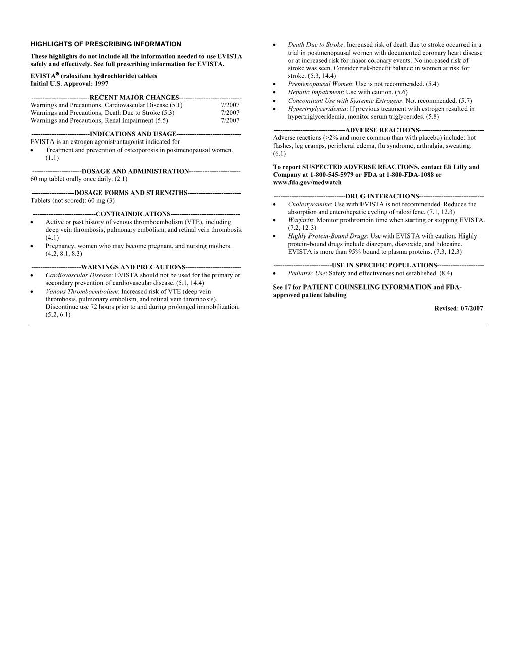 EVISTA Or at Increased Risk for Major Coronary Events