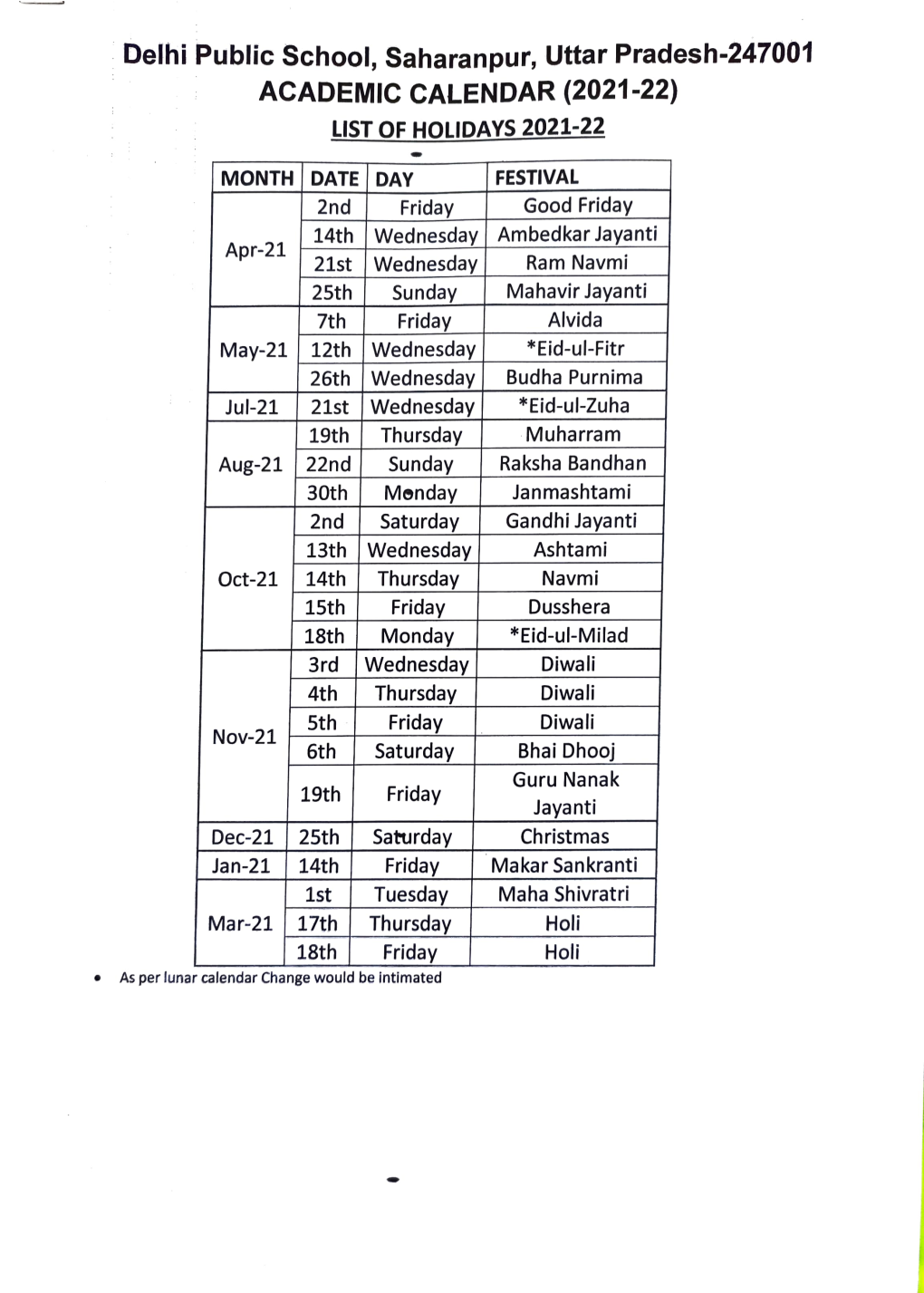 LIST of HOLIDAYS 2021-22 Muharram Friday