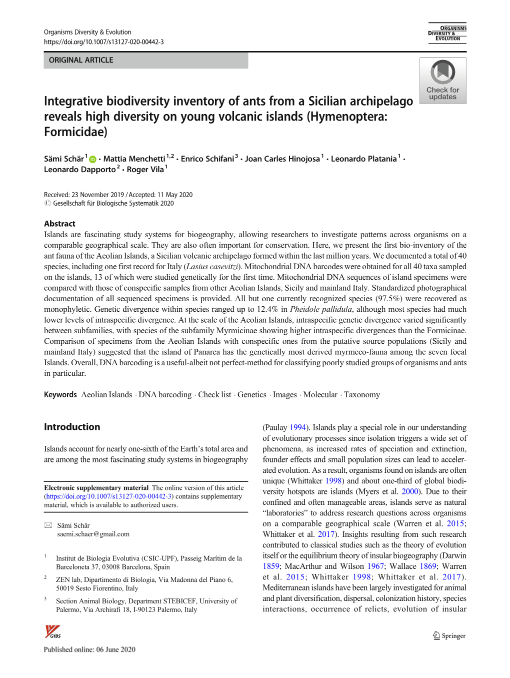 Integrative Biodiversity Inventory of Ants from a Sicilian Archipelago Reveals High Diversity on Young Volcanic Islands (Hymenoptera: Formicidae)