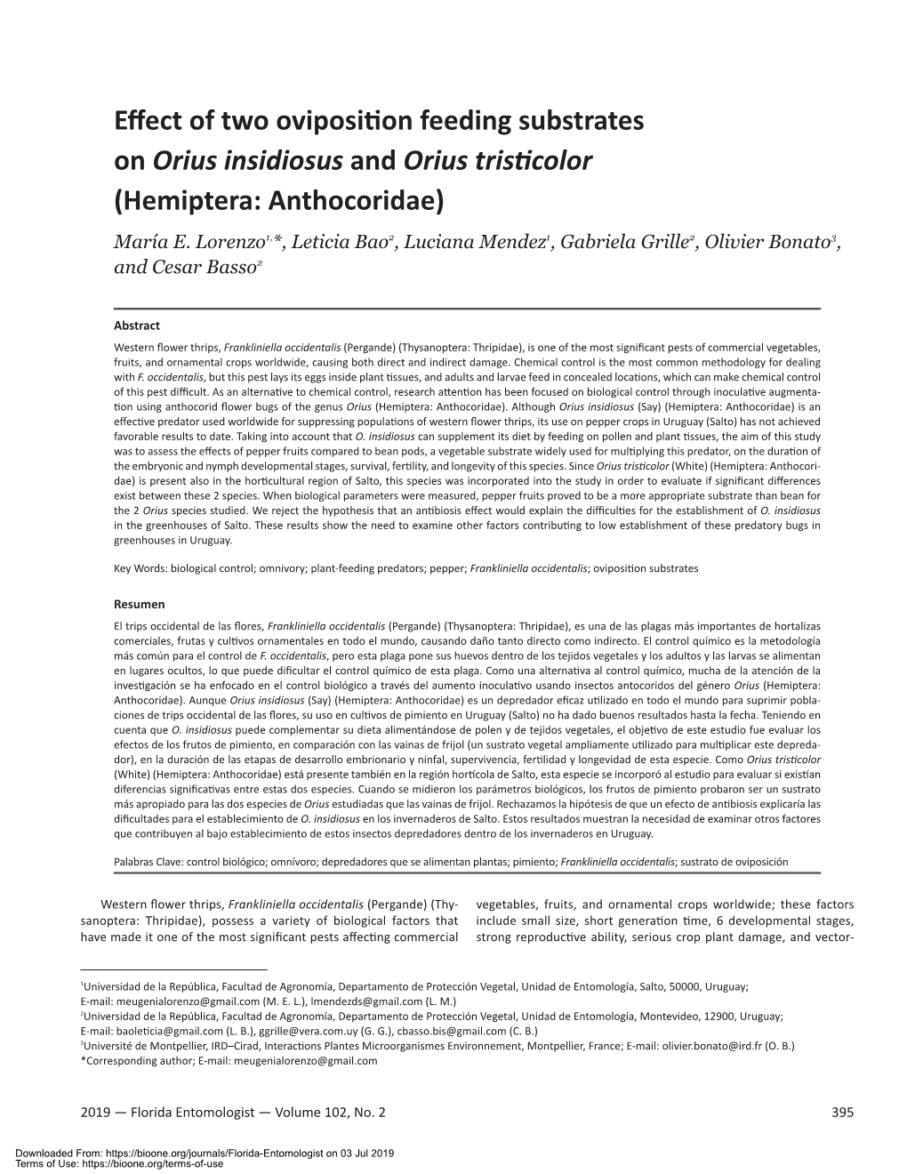 Effect of Two Oviposition Feeding Substrates on Orius Insidiosus and Orius Tristicolor (Hemiptera: Anthocoridae)