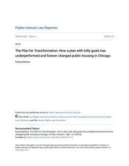 The Plan for Transformation: How a Plan with Lofty Goals Has Underperformed and Forever Changed Public Housing in Chicago