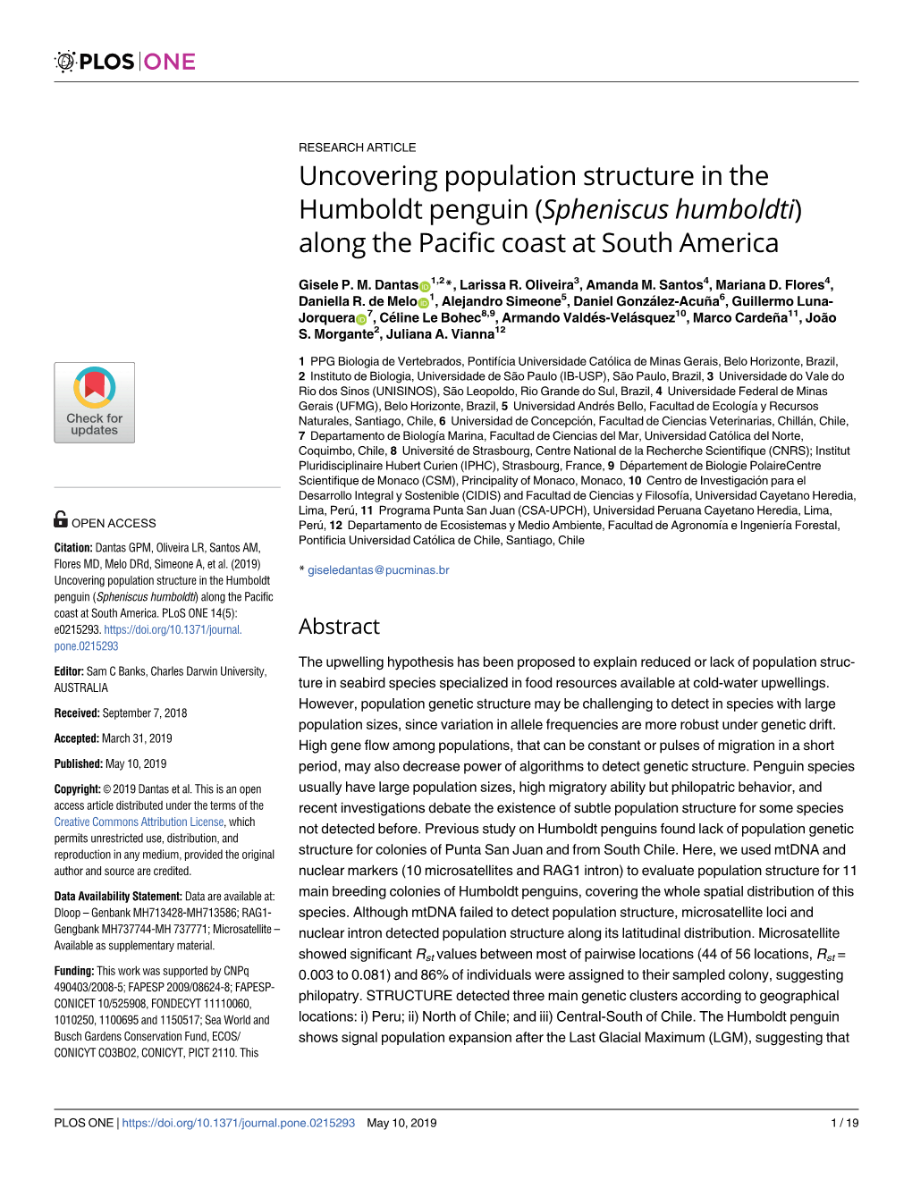 Uncovering Population Structure in the Humboldt Penguin (Spheniscus Humboldti) Along the Pacific Coast at South America