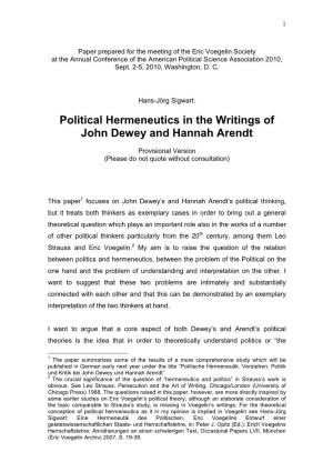 Political Hermeneutics in Dewey and Arendt