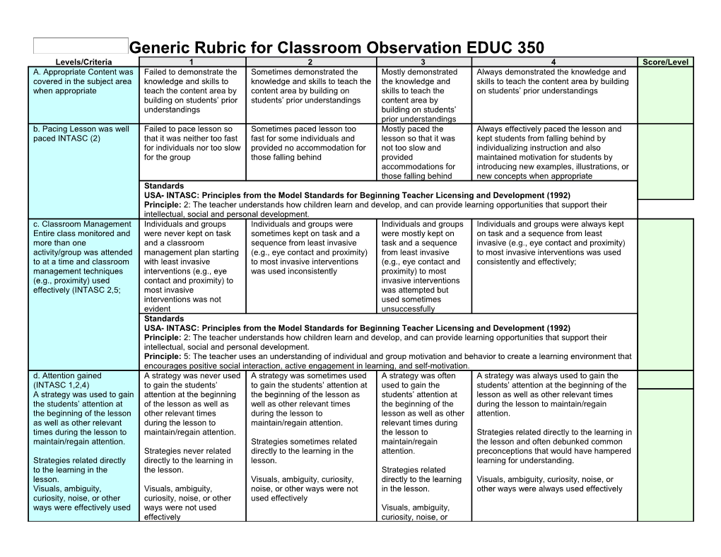 Generic Rubric for Classroom Observation EDUC 350