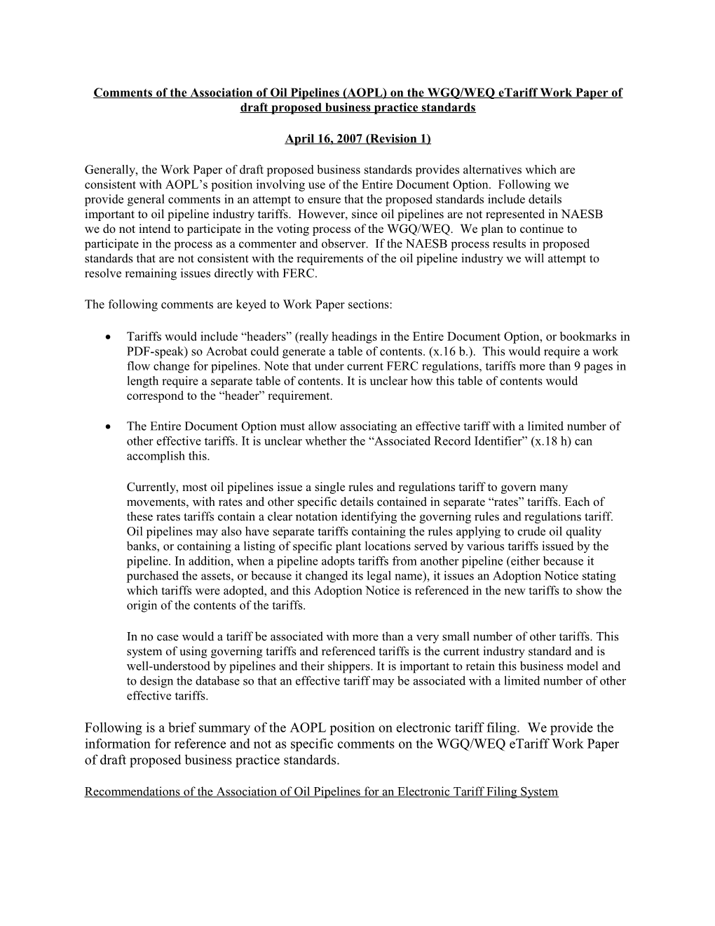 Recommendations of the Association of Oil Pipelines for an Electronic Tariff Filing System