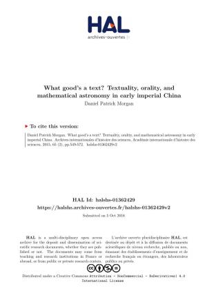 Textuality, Orality, and Mathematical Astronomy in Early Imperial China Daniel Patrick Morgan