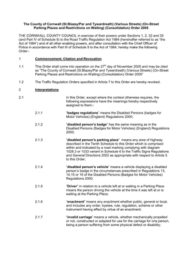 The County of Cornwall (St.Blazey/Par and Tywardreath) (Various Streets) (On-Street Parking Places and Restrictions on Waiting) (Consolidation) Order 2005