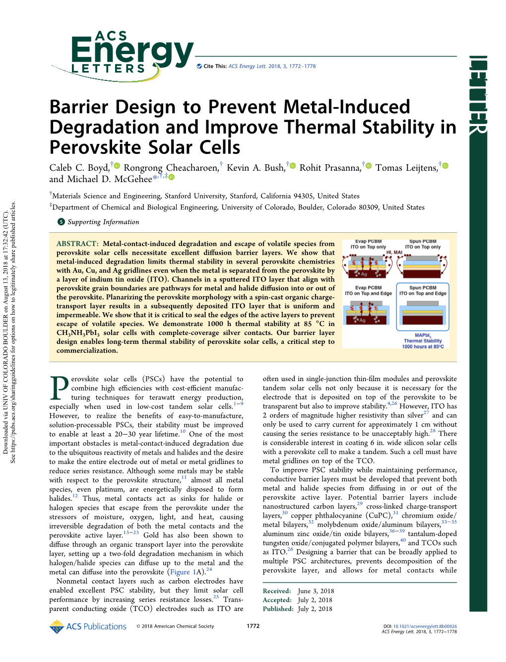 Barrier Design to Prevent Metal-Induced Degradation and Improve Thermal Stability in Perovskite Solar Cells † † † † † Caleb C