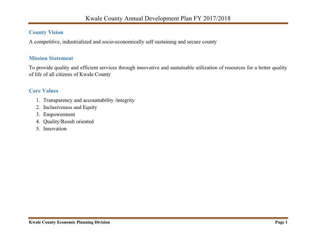 Kwale County Annual Development Plan FY 2017/2018