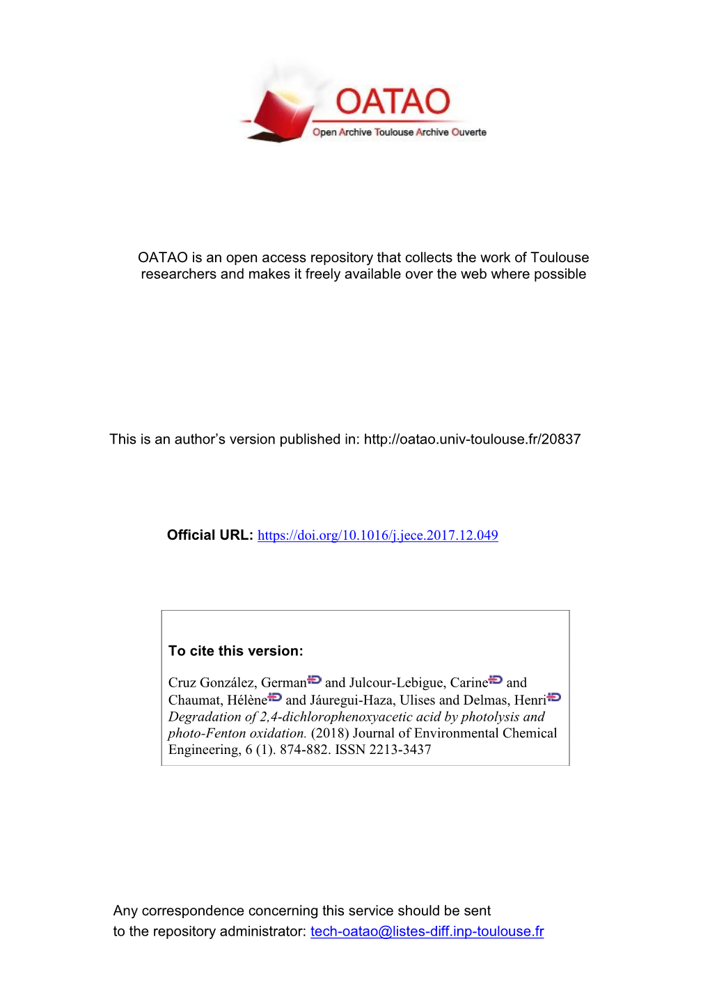 Degradation of 2,4-Dichlorophenoxyacetic Acid by Photolysis and Photo-Fenton Oxidation