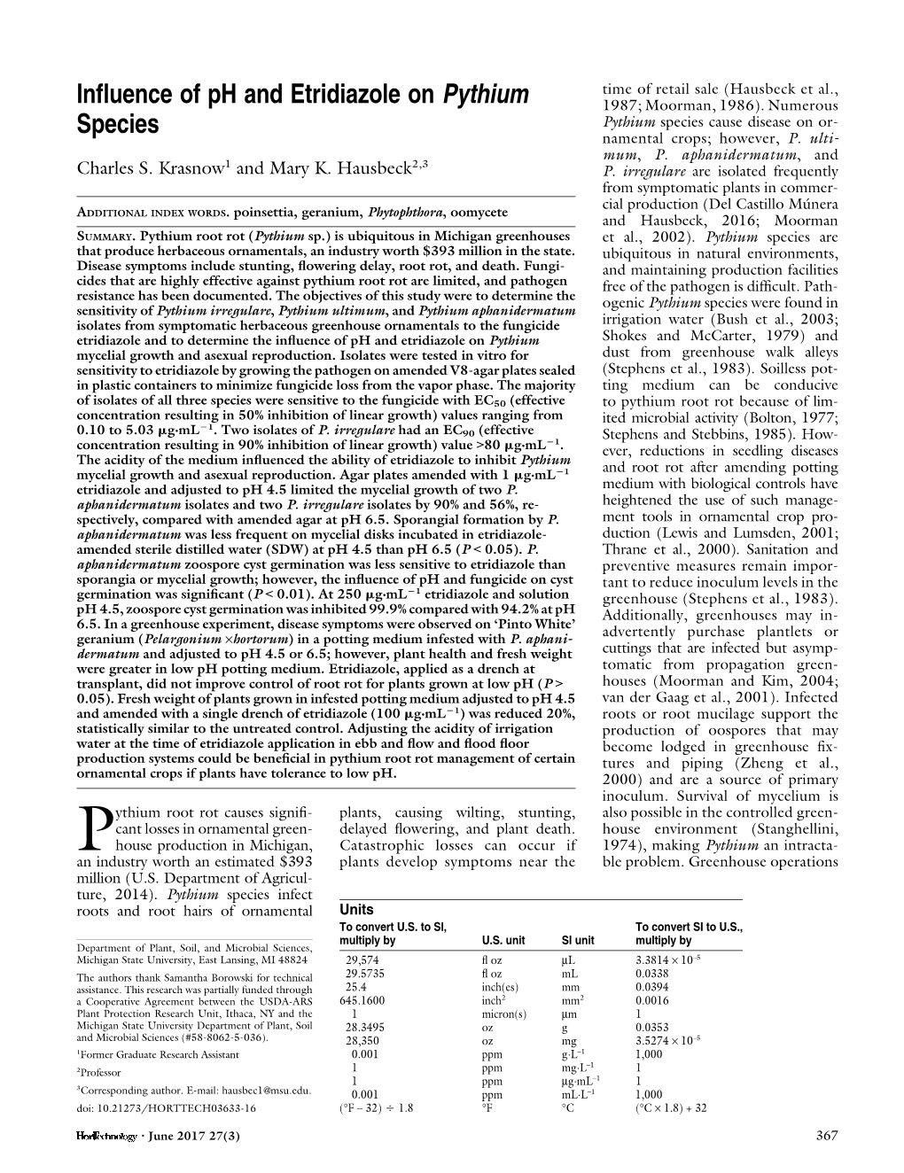 Influence of Ph and Etridiazole on Pythium Species