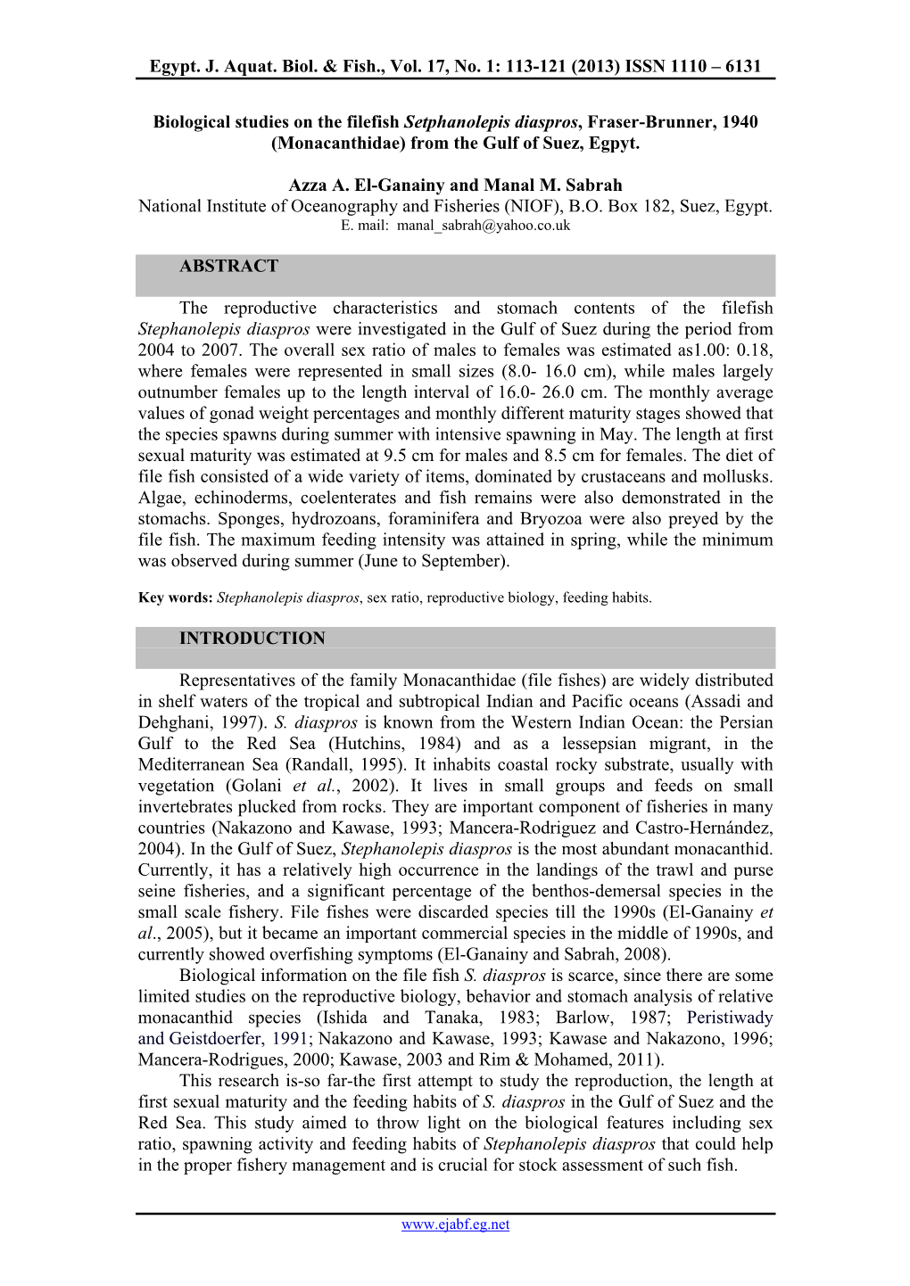 Biological Studies on the Filefish Setphanolepis Diaspros, Fraser-Brunner, 1940 (Monacanthidae) from the Gulf of Suez, Egpyt