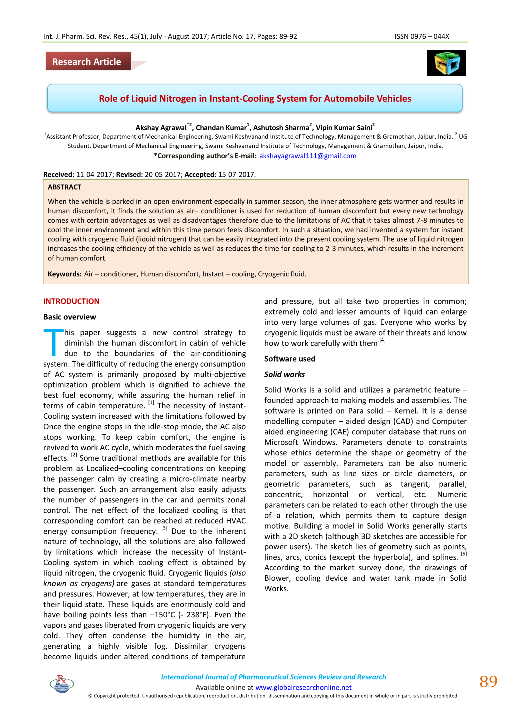 Role of Liquid Nitrogen in Instant-Cooling System for Automobile Vehicles