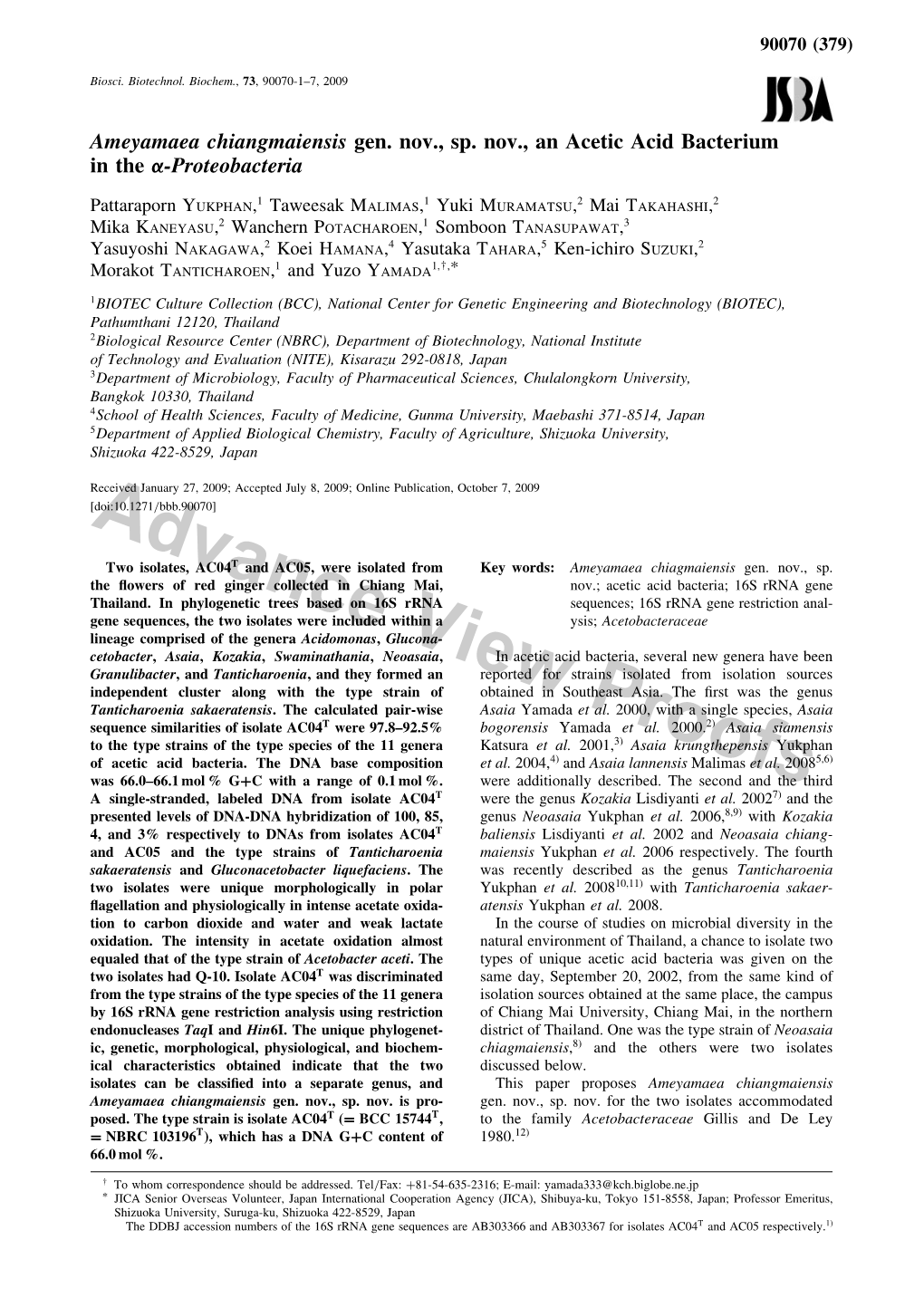 Ameyamaea Chiangmaiensis Gen. Nov., Sp. Nov., an Acetic Acid Bacterium in the -Proteobacteria