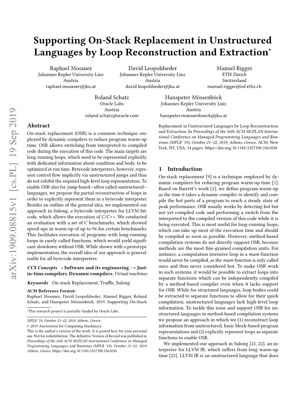 Supporting On-Stack Replacement in Unstructured Languages by Loop Reconstruction and Extraction∗