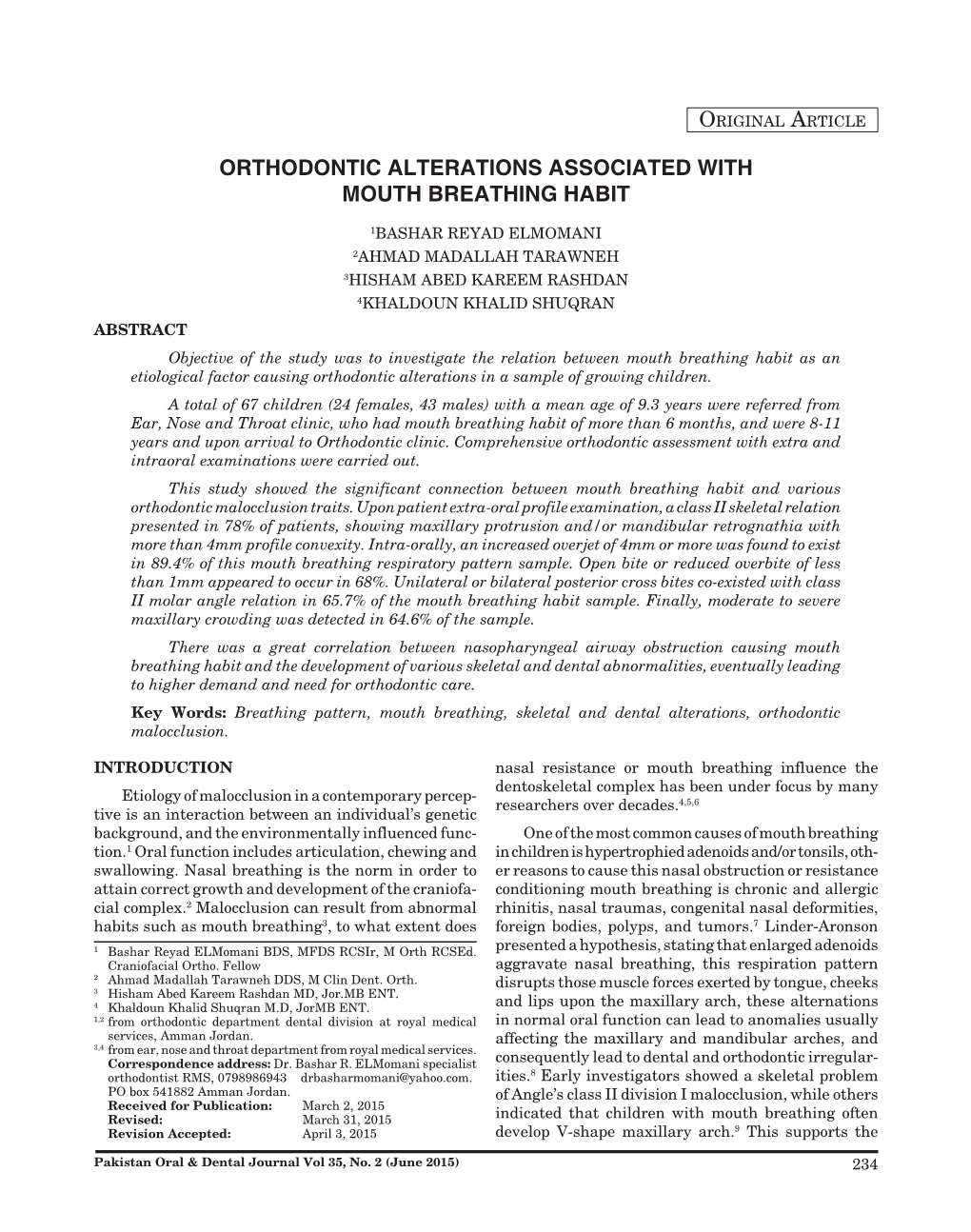 Orthodontic Alterations Associated with Mouth Breathing Habit